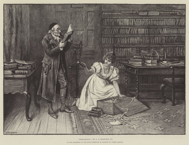 Bibliomania, Royal Institute of Painters in Water Colours -näyttelyssä tekijältä George Goodwin Kilburne