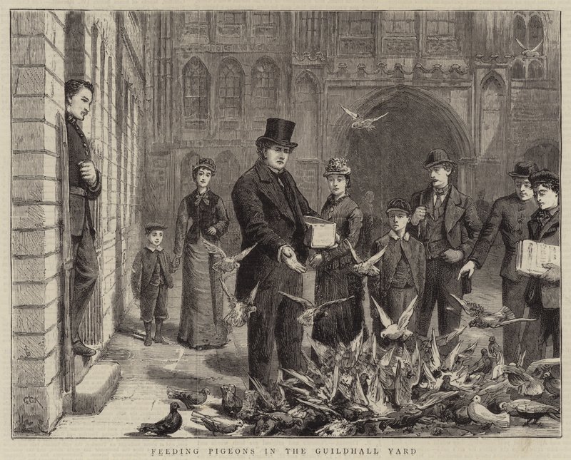 Kyyhkyjen ruokinta Kiltatalon pihalla tekijältä George Goodwin Kilburne