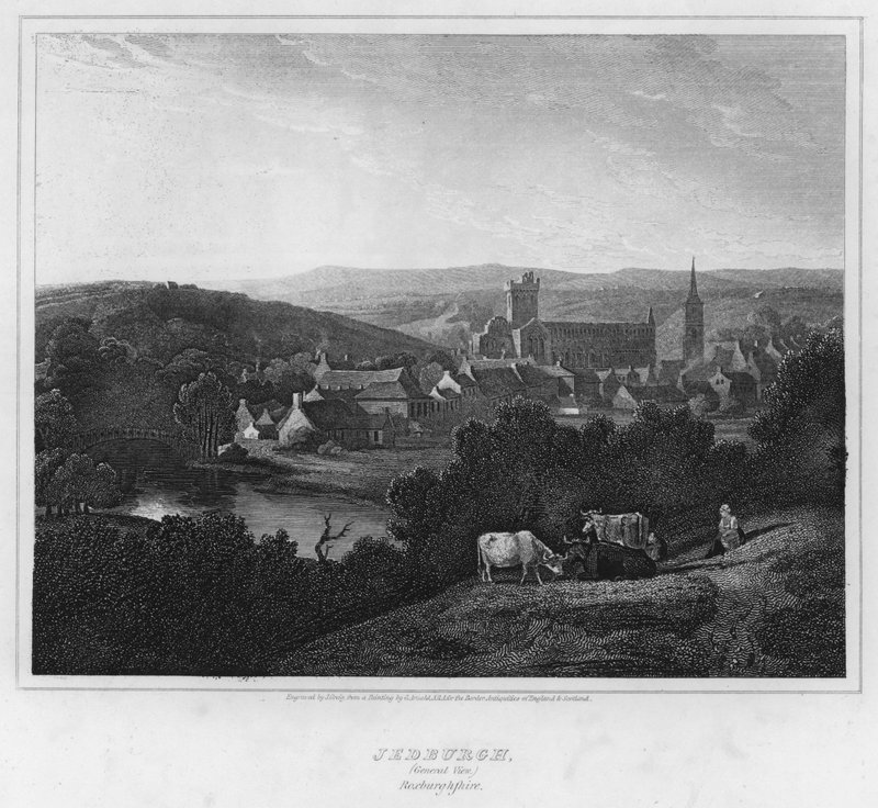 Jedburgh, Yleisnäkymä, Roxburghshire (kaiverrus) tekijältä George (after) Arnald