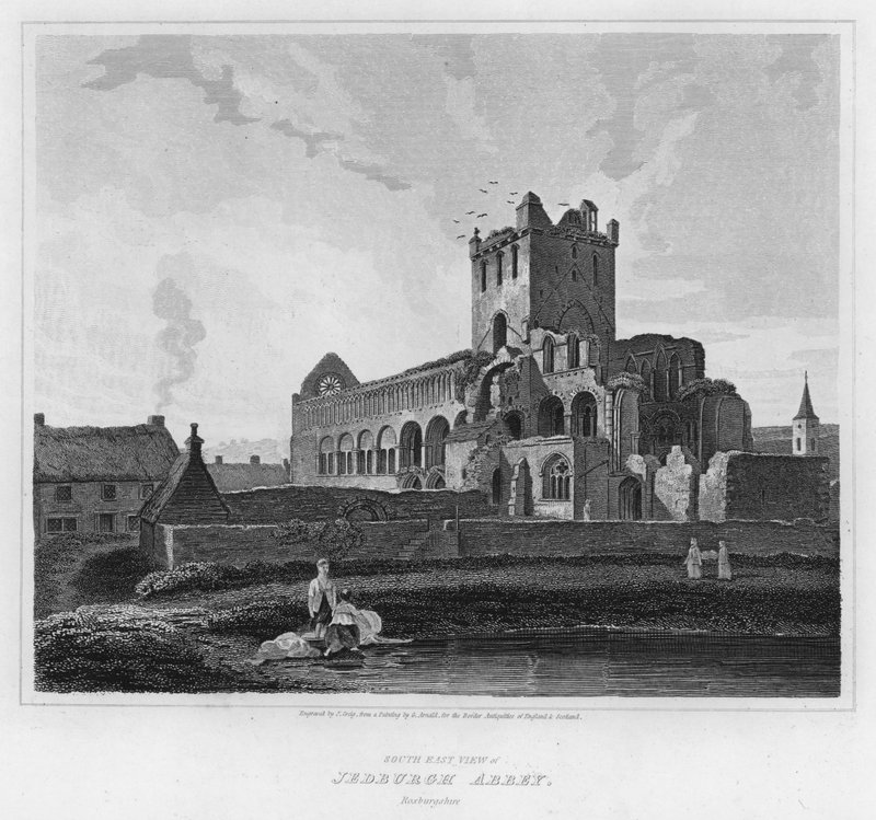 Kaakkoisnäkymä Jedburgh Abbeysta, Roxburghshire (kaiverrus) tekijältä George (after) Arnald