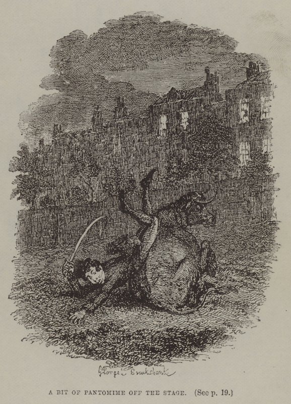 Hieman pantomiimia lavalta (kaiverrus) tekijältä George (after) Cruikshank