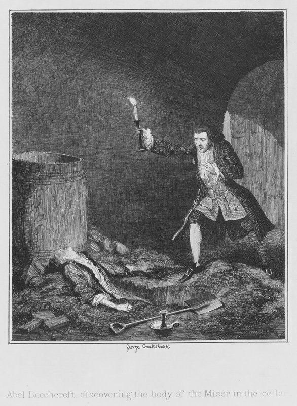 Abel Beechcroft löytää Miserin ruumiin kellarista (kaiverrus) tekijältä George (after) Cruikshank