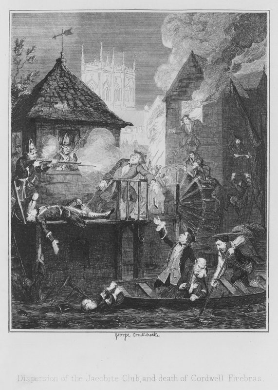 Jacobite Clubin hajoaminen ja Cordwell Firebrasin kuolema (kaiverrus) tekijältä George (after) Cruikshank
