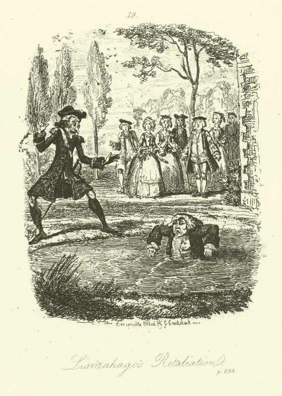 Tobias Smollettin Humphry Clinker -teoksen kuvitus (kaiverrus) tekijältä George (after) Cruikshank