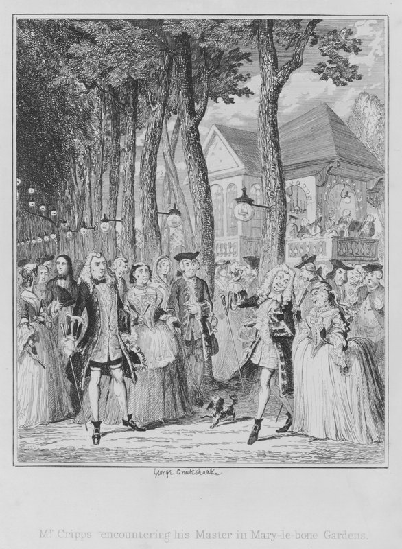 Mr Cripps kohtaa mestarinsa Mary-le-bone Gardensissa (kaiverrus) tekijältä George (after) Cruikshank