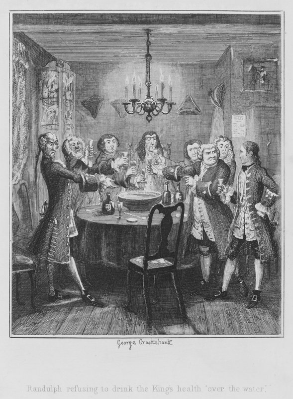 Randulph kieltäytyy juomasta kuninkaan terveyttä "veden yli" (kaiverrus) tekijältä George (after) Cruikshank