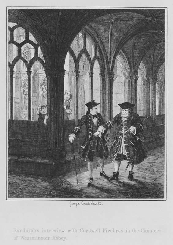 Randulphin haastattelu Cordwell Firebrasin kanssa Westminster Abbeyn luostarissa (kaiverrus) tekijältä George (after) Cruikshank