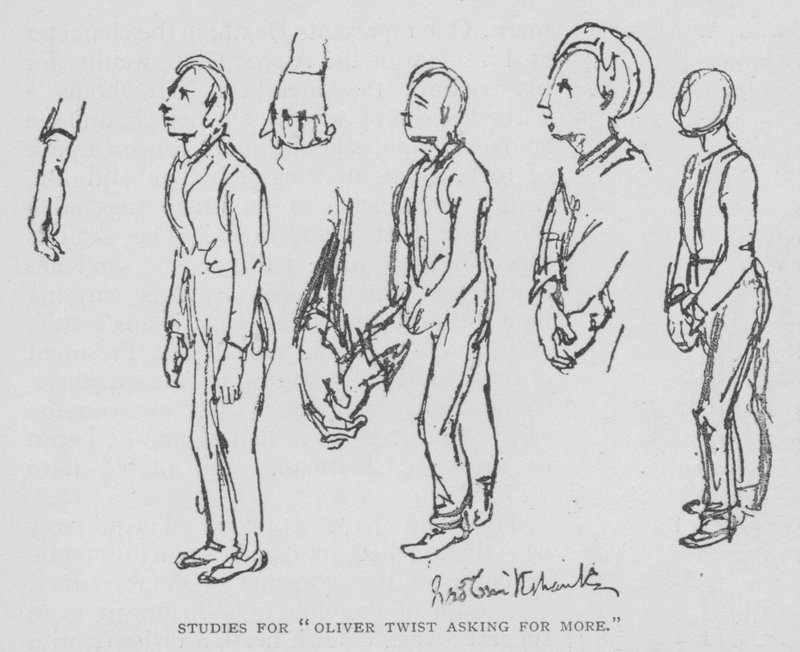 Tutkimukset "Oliver Twist Asking for More" (kaiverrus) tekijältä George (after) Cruikshank