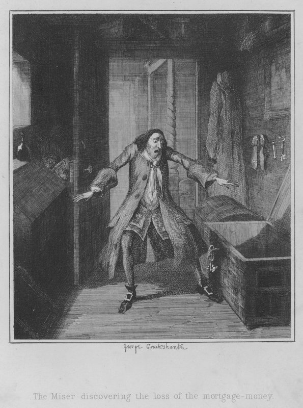 Miser huomaa asuntolainarahojen katoamisen (kaiverrus) tekijältä George (after) Cruikshank