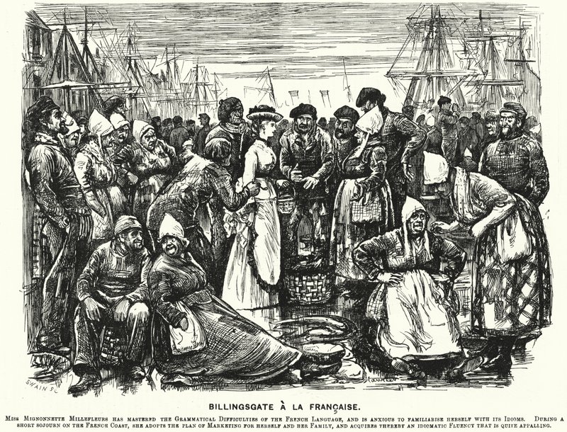 Punch-sarjakuva: Billingsgate a la Francaise (kaiverrus) tekijältä George (after) Du Maurier