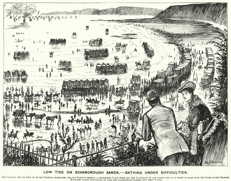 Punch-sarjakuva: Laskuvesi Scarborough Sandsilla - Uiminen vaikeuksissa (kaiverrus) tekijältä George (after) Du Maurier