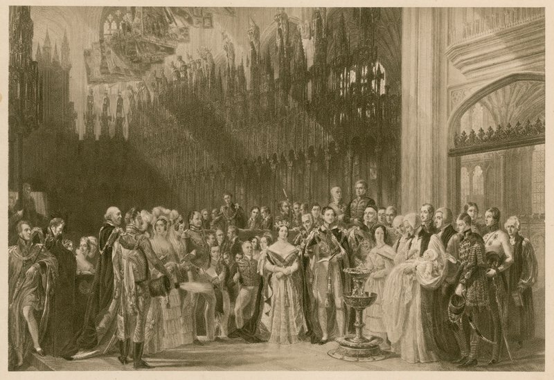 Walesin prinssin, tulevan kuningas Edward VII:n ristiäiset, Pyhän Yrjön kappeli, Windsorin linna, 24. tammikuuta 1842 (syväpaino) tekijältä George (after) Hayter