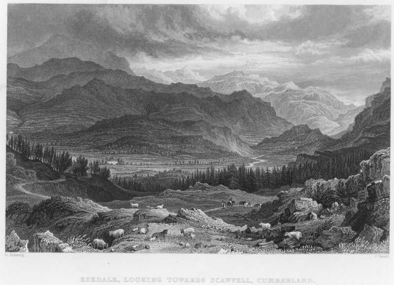 Eskdale, Katse kohti Scawfellia, Cumberland (kaiverrus) tekijältä George (after) Pickering