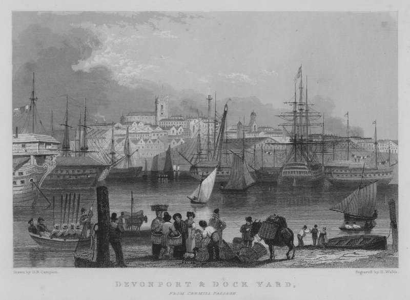 Devonport ja telakka, Cremill Passagesta (kaiverrus) tekijältä George Bryant Campion
