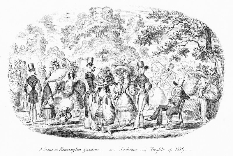 Kohtaus Kensington Gardensissa tai Vuoden 1829 muoti ja pelot (kaiverrus) tekijältä George Cruikshank