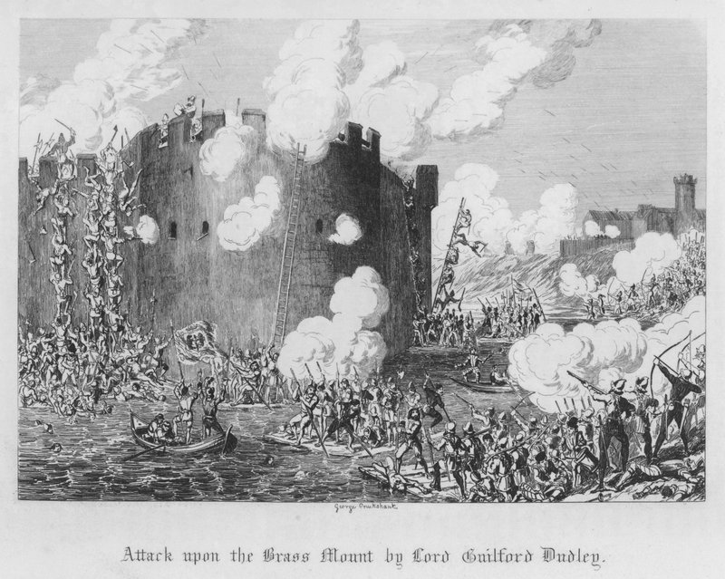 Lordi Guilford Dudleyn hyökkäys Brass Mountille (kaiverrus). tekijältä George Cruikshank
