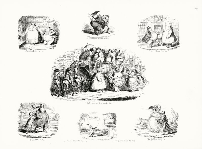 George Cruikshankin sarjakuvat liikalihavuuden teemasta (kaiverrus) tekijältä George Cruikshank