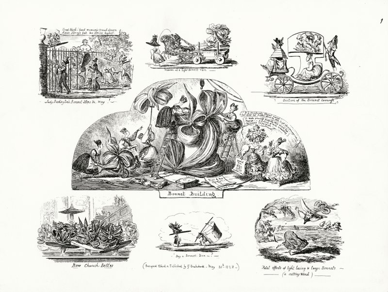 George Cruikshankin sarjakuvat, joiden aiheena on suurikokoiset naisten konepellit (kaiverrus) tekijältä George Cruikshank