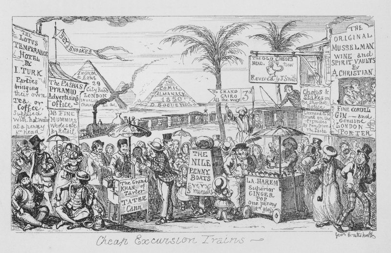 Halvat retkijunat eli kuviteltu massaturismin tulevaisuus (kaiverrus) tekijältä George Cruikshank