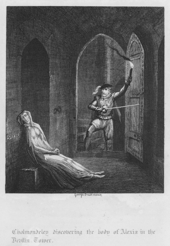 Cholmondeley löytää Alexian ruumiin Devilin Towerista (kaiverrus) tekijältä George Cruikshank
