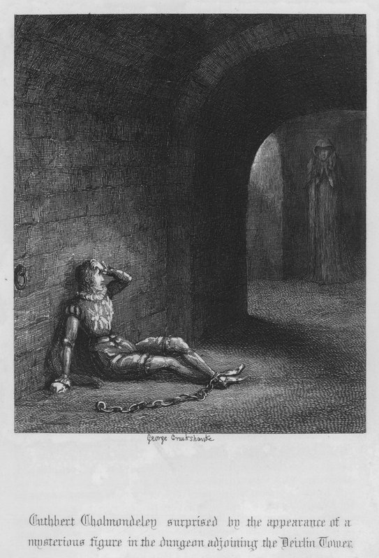Cuthbert Cholmondeley yllättynyt salaperäisen hahmon ilmestymisestä Devilin Towerin viereiseen vankityrmään (kaiverrus) tekijältä George Cruikshank