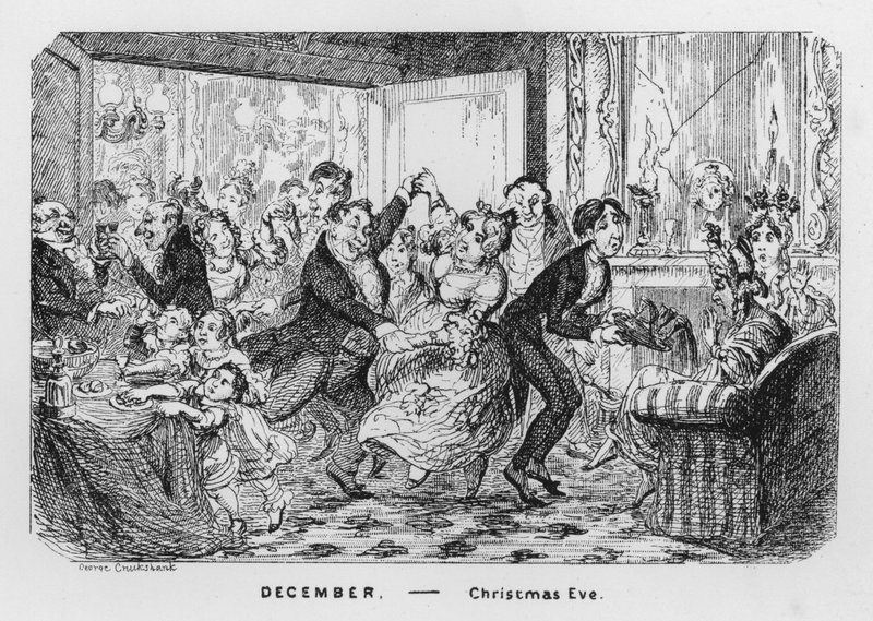 Joulukuu, jouluaatto (kaiverrus) tekijältä George Cruikshank