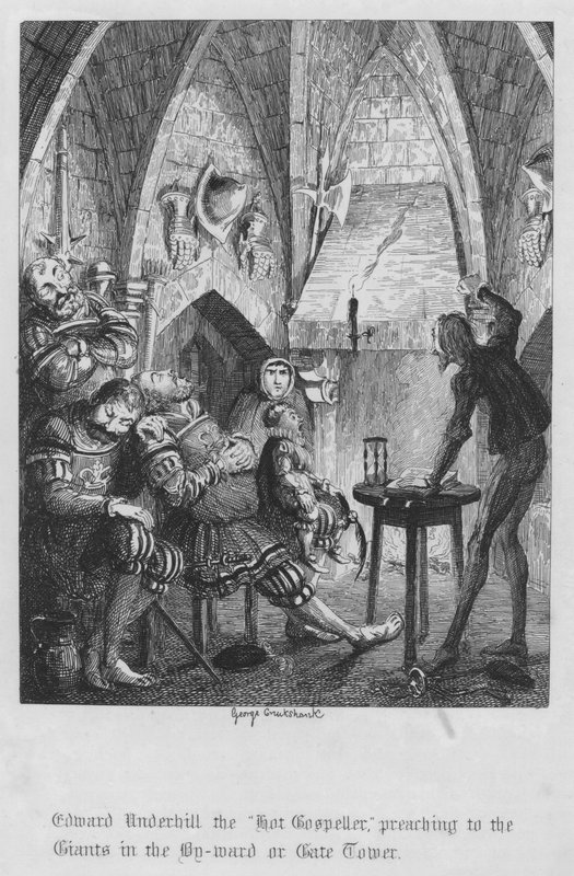 Edward Underhill, "Kuuma evankeliumi", saarnaa jättiläisille By-ward- tai Gate Towerissa (kaiverrus) tekijältä George Cruikshank