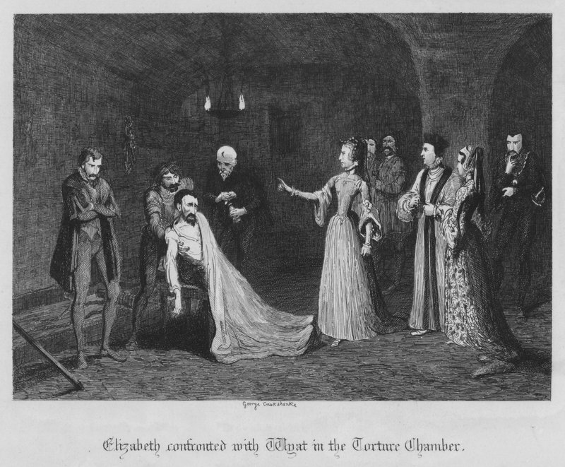 Elizabeth kohtasi Wyatin kidutuskammiossa (kaiverrus) tekijältä George Cruikshank
