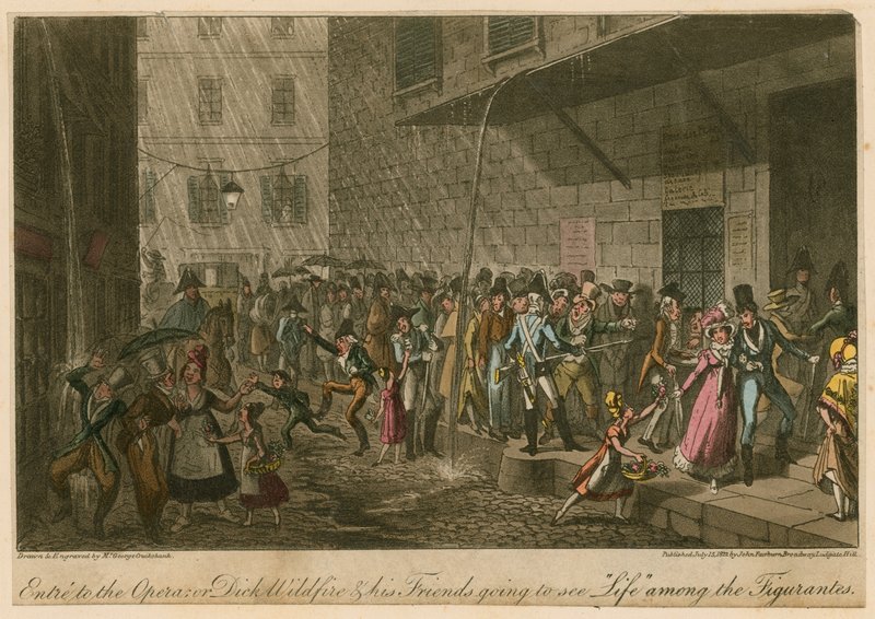sisäänpääsy oopperaan; tai Dick Wildfire ja hänen ystävänsä menossa katsomaan Life among the Figurantes tekijältä George Cruikshank