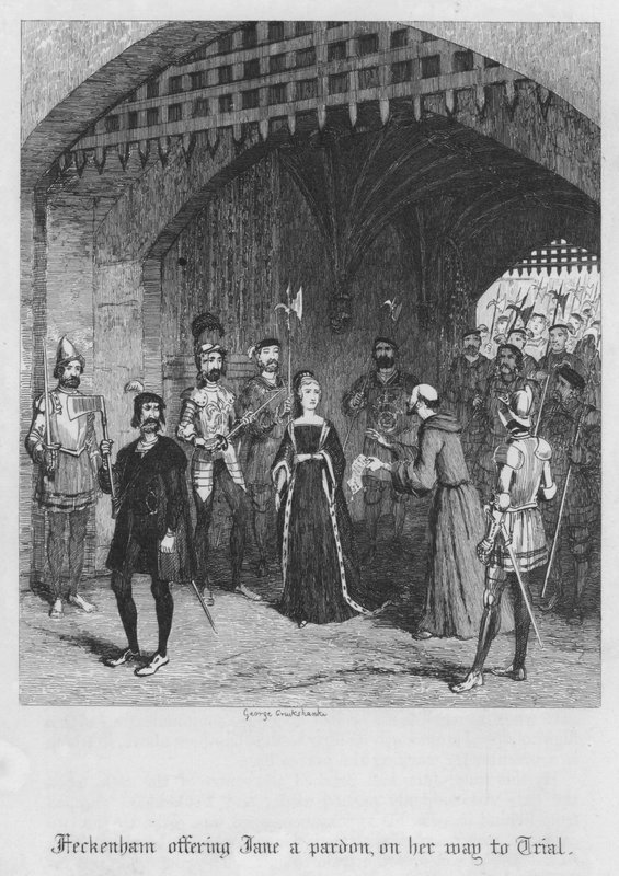 Feckenham tarjoaa Janelle anteeksi matkalla oikeudenkäyntiin (kaiverrus) tekijältä George Cruikshank
