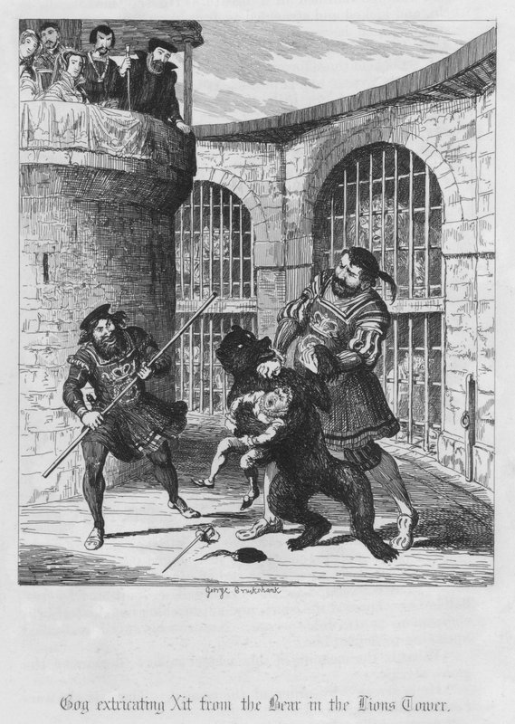 Gog irrottaa Xitin karhusta Lions Towerissa (kaiverrus) tekijältä George Cruikshank