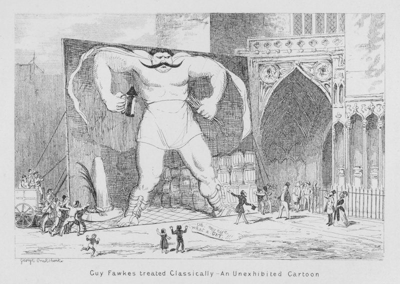 Klassisesti käsitelty Guy Fawkes, näytteillepaneva sarjakuva (kaiverrus) tekijältä George Cruikshank
