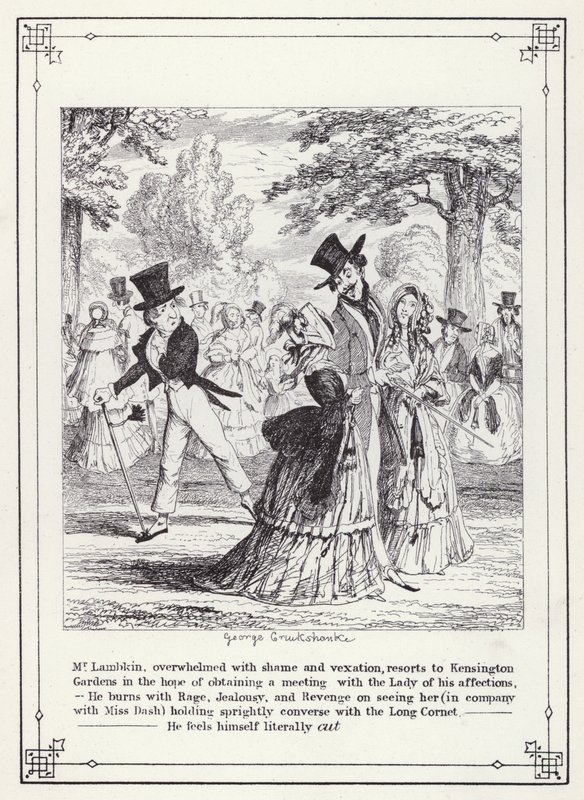 Kuvitus kandidaatin omaan kirjaan tai Mr Lambkinin (Gent) edistymiseen (kaiverrus) tekijältä George Cruikshank