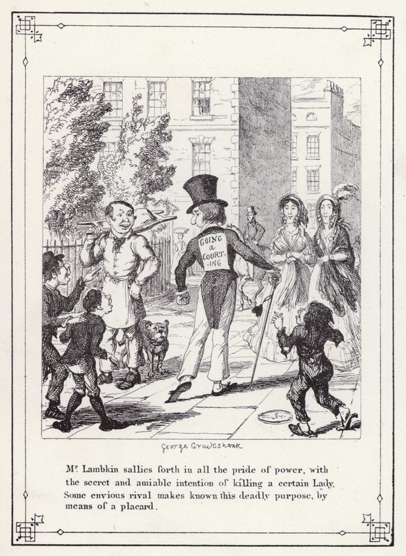 Kuvitus kandidaatin omaan kirjaan tai Mr Lambkinin (Gent) edistymiseen (kaiverrus) tekijältä George Cruikshank