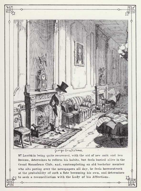 Kuvitus teokselle The Bachelors Own Book tai The Progress of Mr Lambkin (Gent) (kaiverrus) tekijältä George Cruikshank