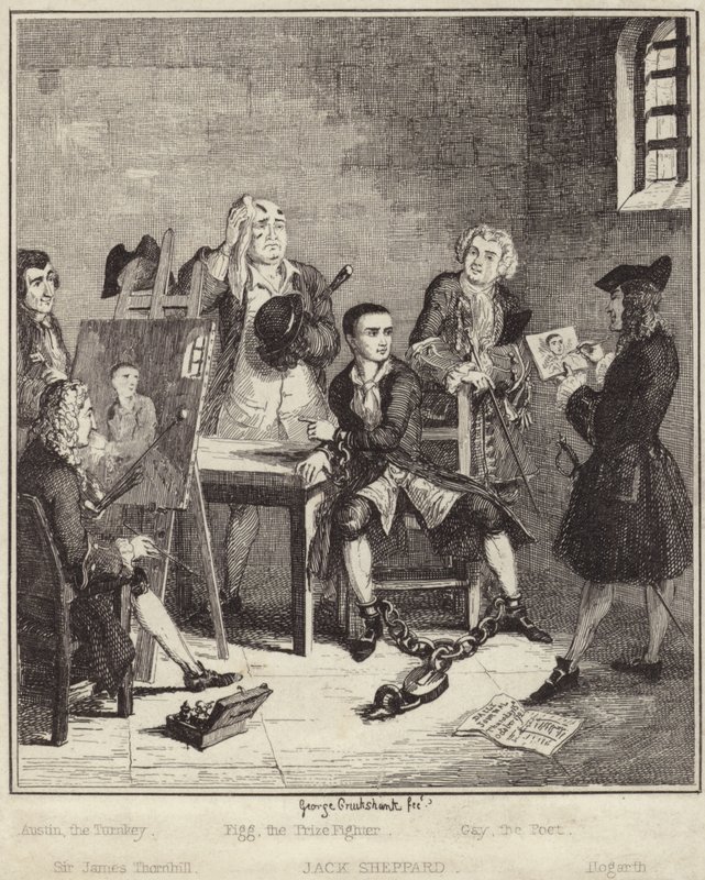 Jack Sheppard maalasi muotokuvansa vankilassa Sir James Thornhillin toimesta tekijältä George Cruikshank