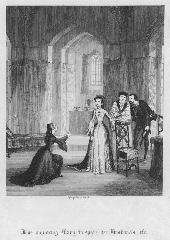 Jane rukoilee Marya säästämään miehensä henkensä (kaiverrus) tekijältä George Cruikshank