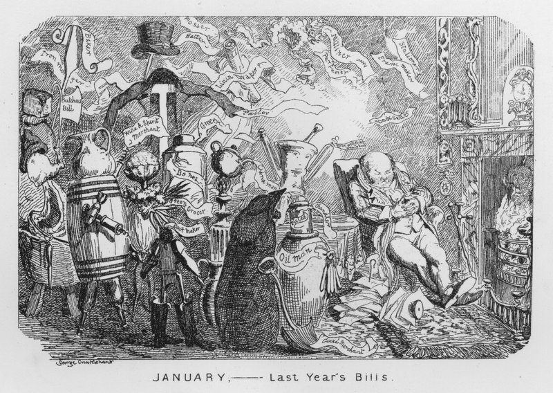 Tammikuu, viime vuoden laskut (kaiverrus) tekijältä George Cruikshank