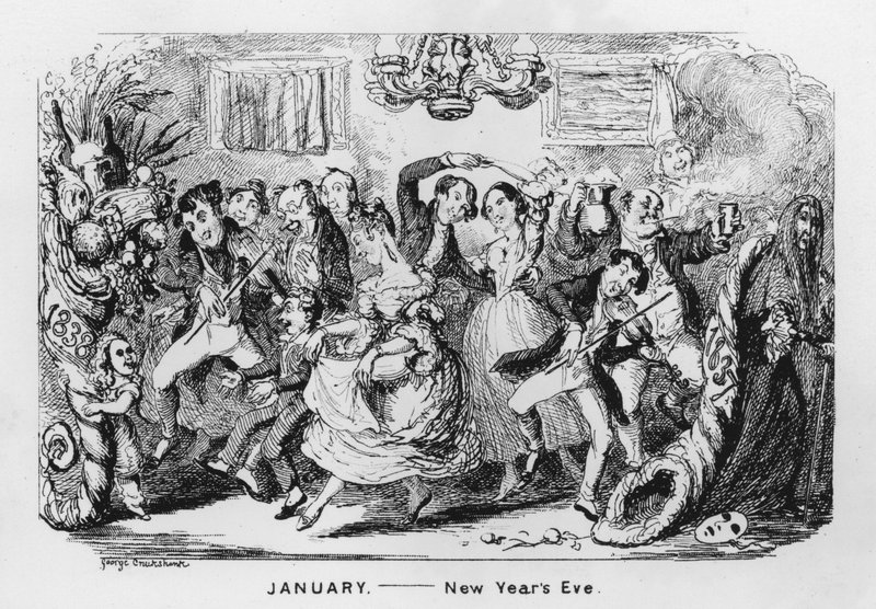 Tammikuu, uudenvuodenaatto (kaiverrus) tekijältä George Cruikshank