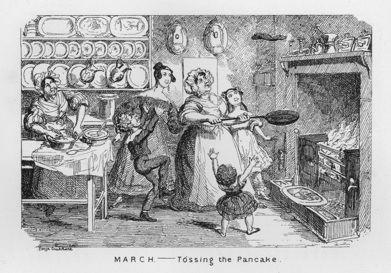 Maaliskuu, Pannukakun heittäminen (kaiverrus) tekijältä George Cruikshank