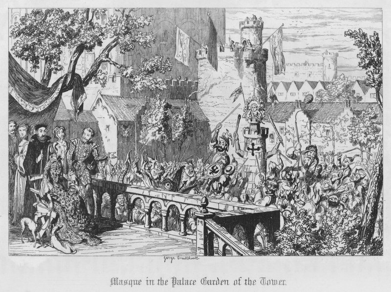 Naamio tornin palatsin puutarhassa (kaiverrus) tekijältä George Cruikshank