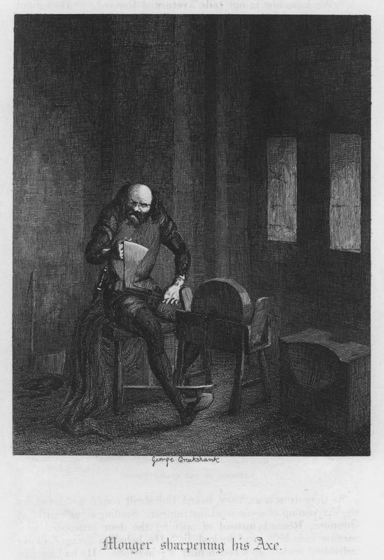 Monger teroittaa kirvestään (kaiverrus) tekijältä George Cruikshank