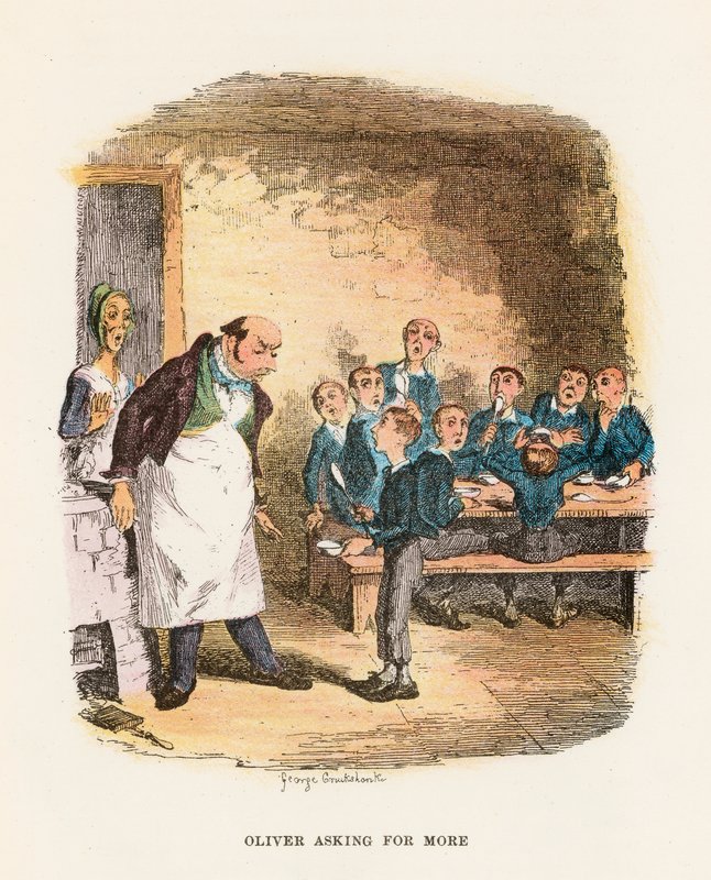 Oliver Asking for More, kuvitus Charles Dickensin "Oliver Twist" -kappaleeseen tekijältä George Cruikshank