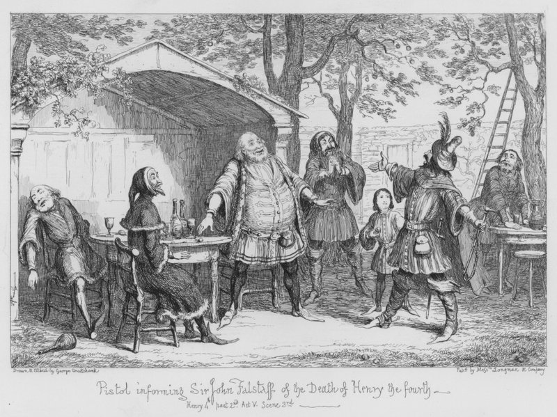 Pistooli, joka ilmoittaa Sir John Falstaffille Henryn neljännen kuolemasta tekijältä George Cruikshank