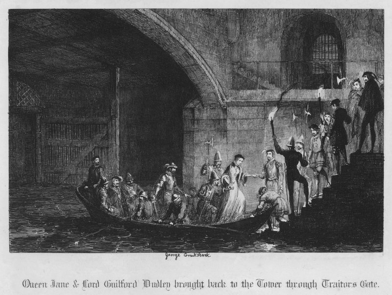 Queen Jane ja Lord Guilford Dudley tuotiin takaisin torniin Traitors Gaten kautta (kaiverrus) tekijältä George Cruikshank