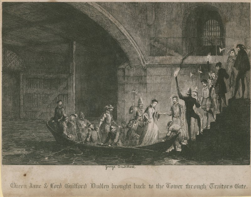 Queen Jane ja Lord Guilford Dudley tuotiin takaisin torniin Traitors Gaten kautta tekijältä George Cruikshank
