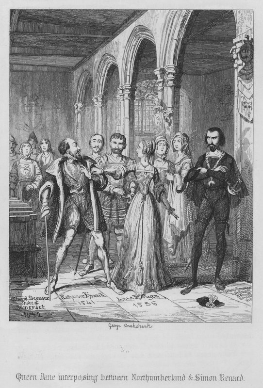 Queen Jane välissä Northumberlandin ja Simon Renardin välissä (kaiverrus) tekijältä George Cruikshank