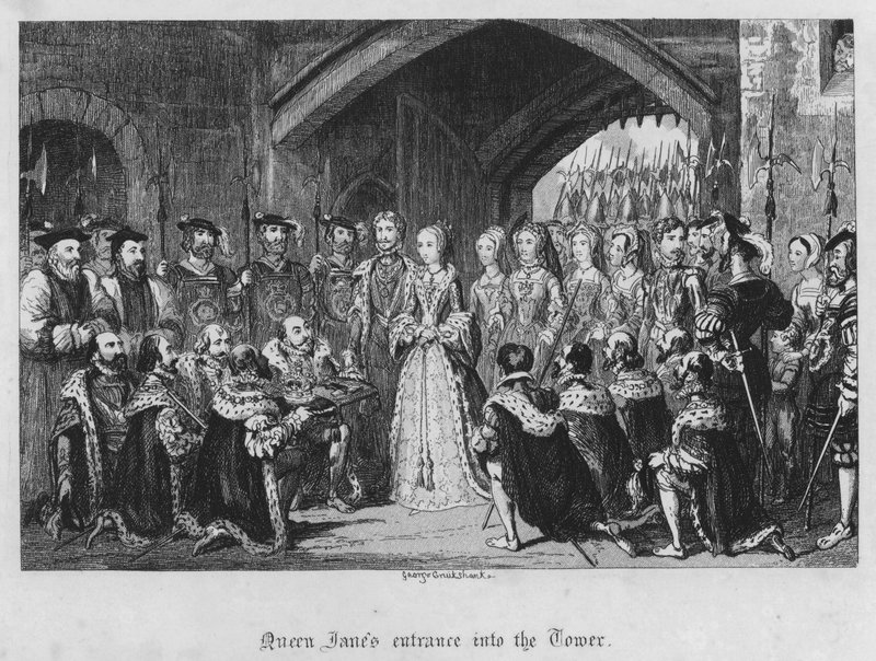 Kuningatar Janen sisäänkäynti torniin (kaiverrus) tekijältä George Cruikshank