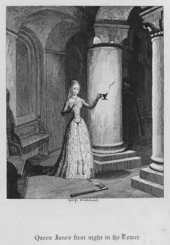 Kuningatar Janen ensimmäinen yö tornissa (kaiverrus) tekijältä George Cruikshank