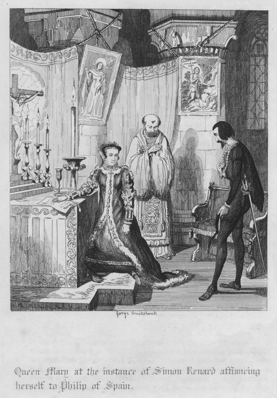 Kuningatar Maria tilanteessa, jossa Simon Renard sitoutui Espanjan Philipiin (kaiverrus) tekijältä George Cruikshank